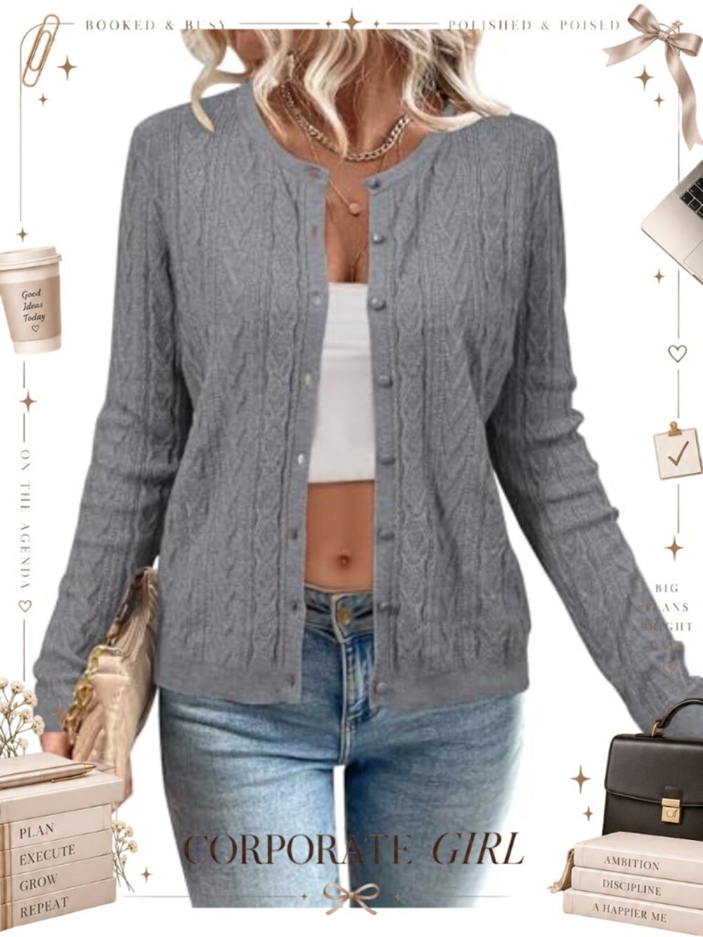 Women's Cable Knit Button Down Crew Neck Cardigan Sweater Long Sleeve